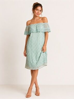 NWT Molly Bracken Mint Green Off Shoulder Lace Midi Dress L Shimmer Lined Boho